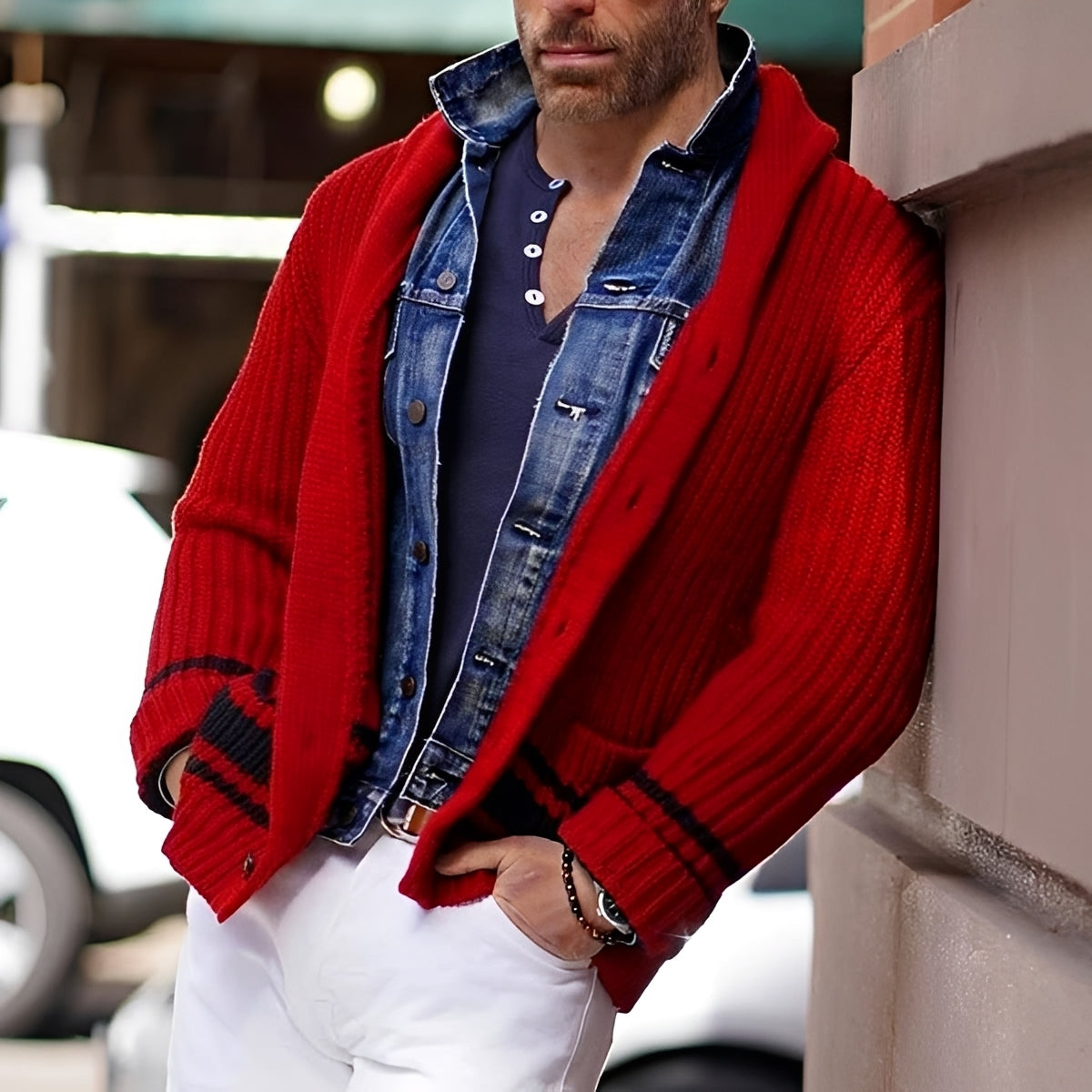 Herren Cardigan mit Shawl-Kragen, Einreiher, Slim Fit, Doppelbrusttaschen