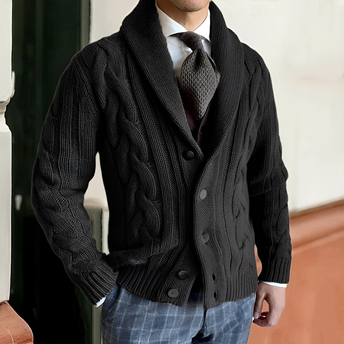 Herren Cardigan mit Shawl-Kragen - Knopfverschluss, Langarm, lockerer Schnitt