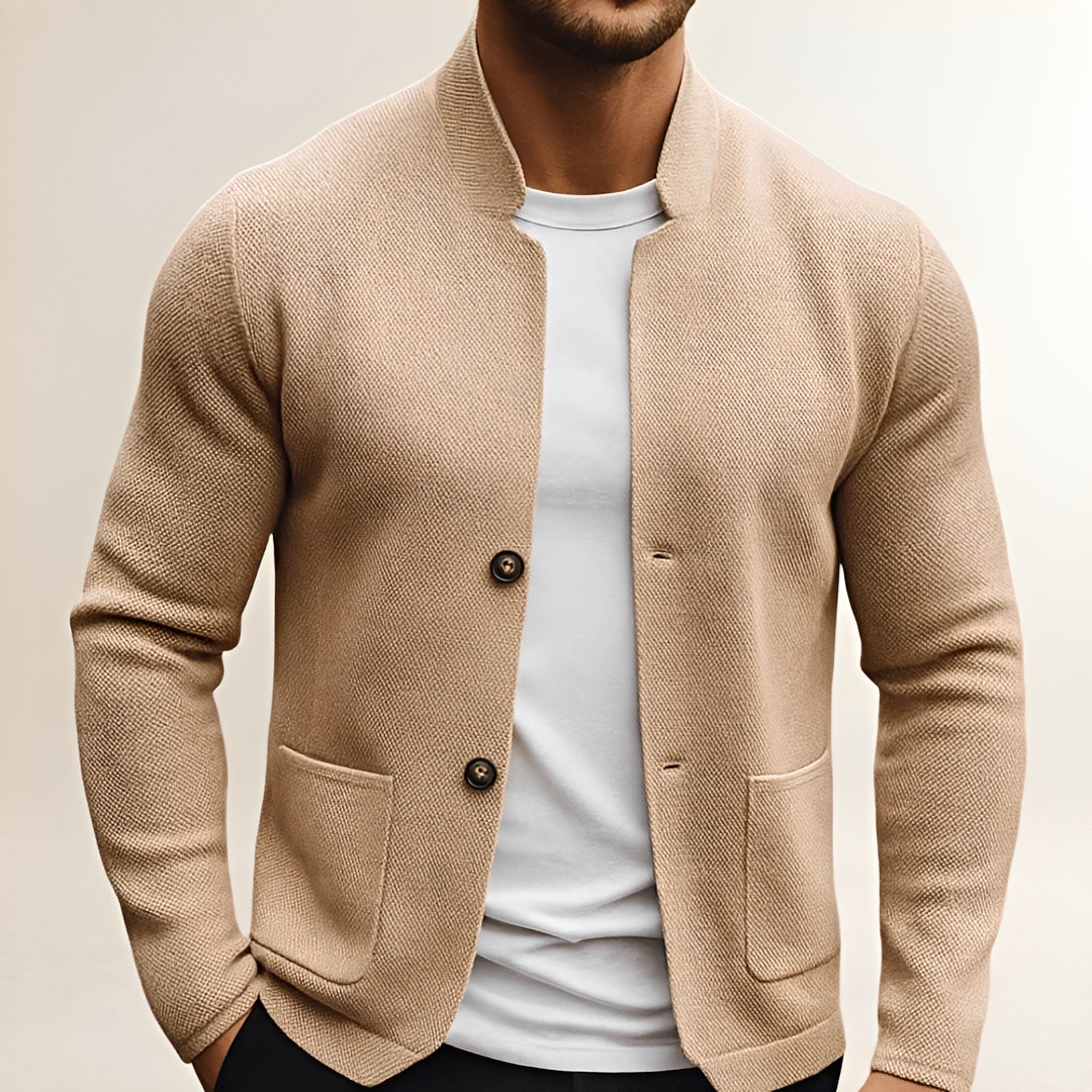 Herren Cardigan mit Stehkragen, Zwei-Knopf-Verschluss, Patch-Pockets, Strukturierte Oberfläche, Regularer Schnitt