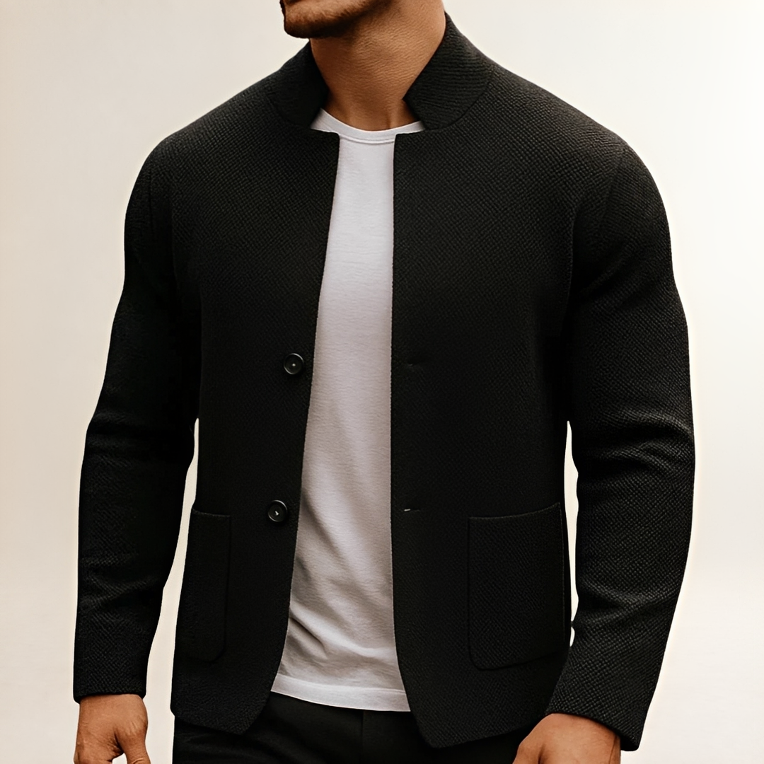 Herren Cardigan mit Stehkragen, Zwei-Knopf-Verschluss, Patch-Pockets, Strukturierte Oberfläche, Regularer Schnitt