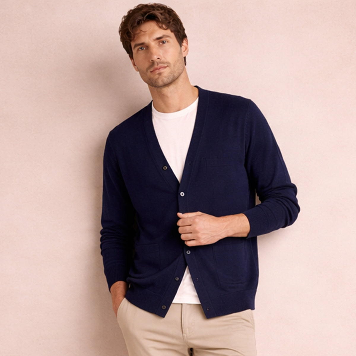 Herren Cardigan V-Ausschnitt Knopfleiste Fronttaschen lockerer Schnitt