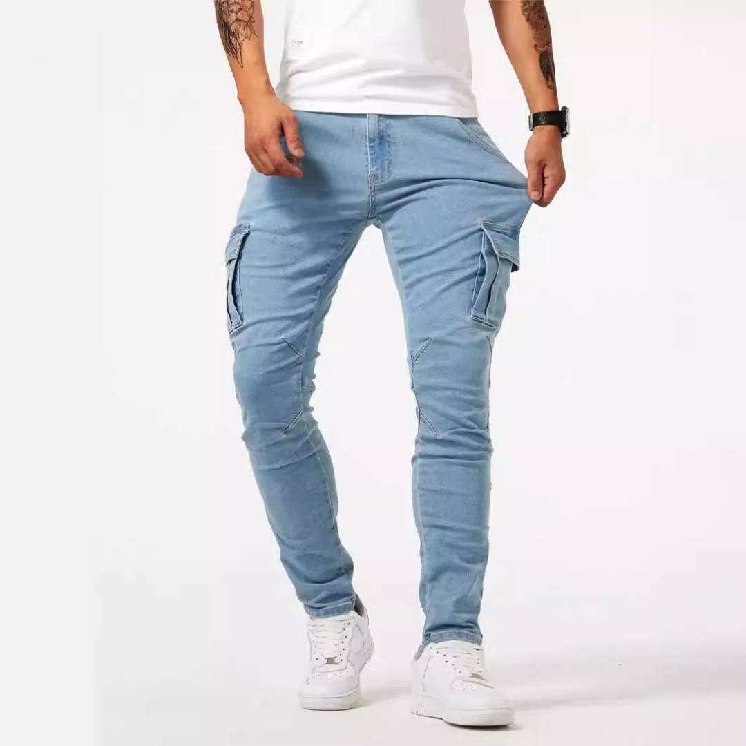 Herren Cargo Jeans Slim-Tapered mit Thigh-Flap Taschen – Knie-Paneele, Elastizität, Mid-Rise