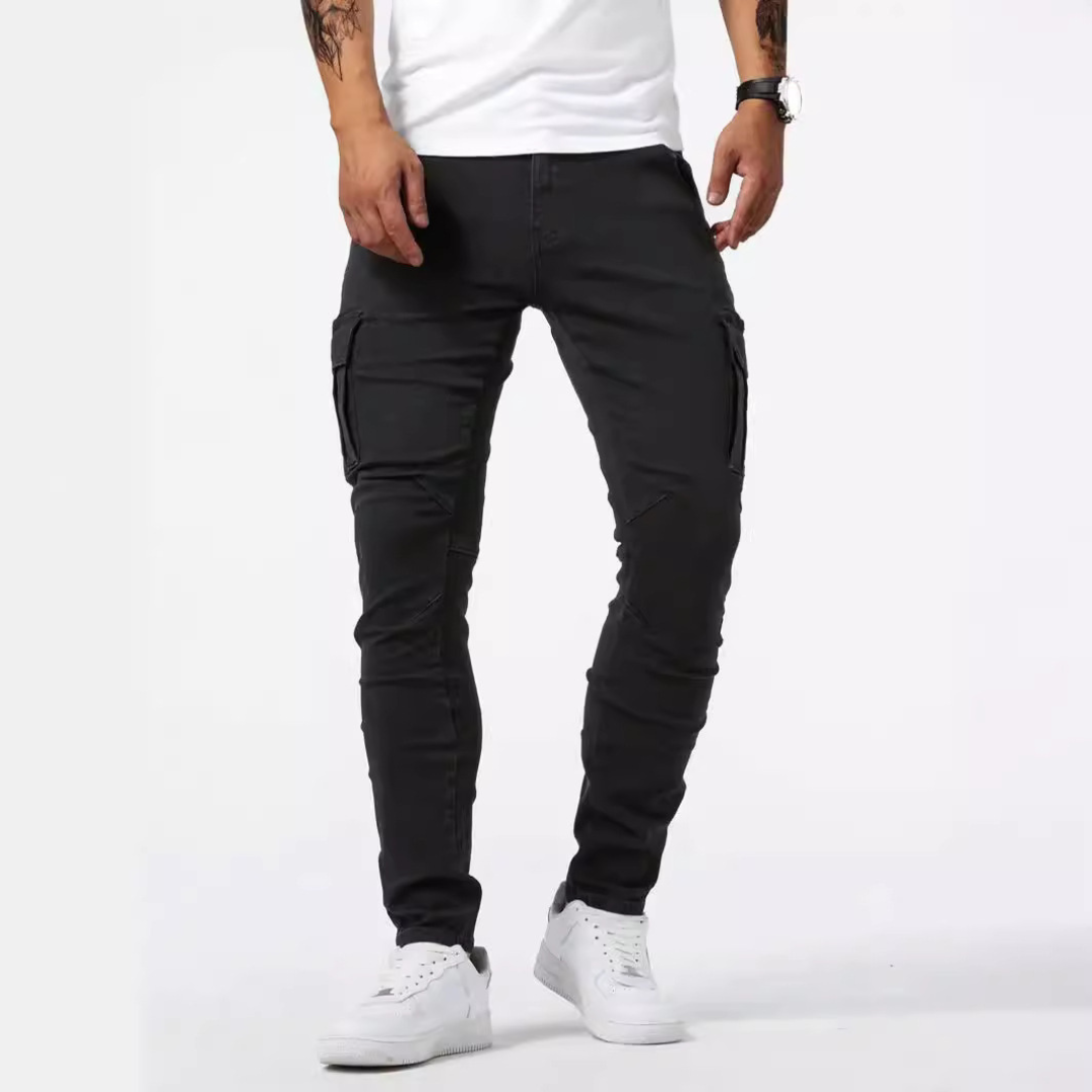 Herren Cargo Jeans Slim-Tapered mit Thigh-Flap Taschen – Knie-Paneele, Elastizität, Mid-Rise