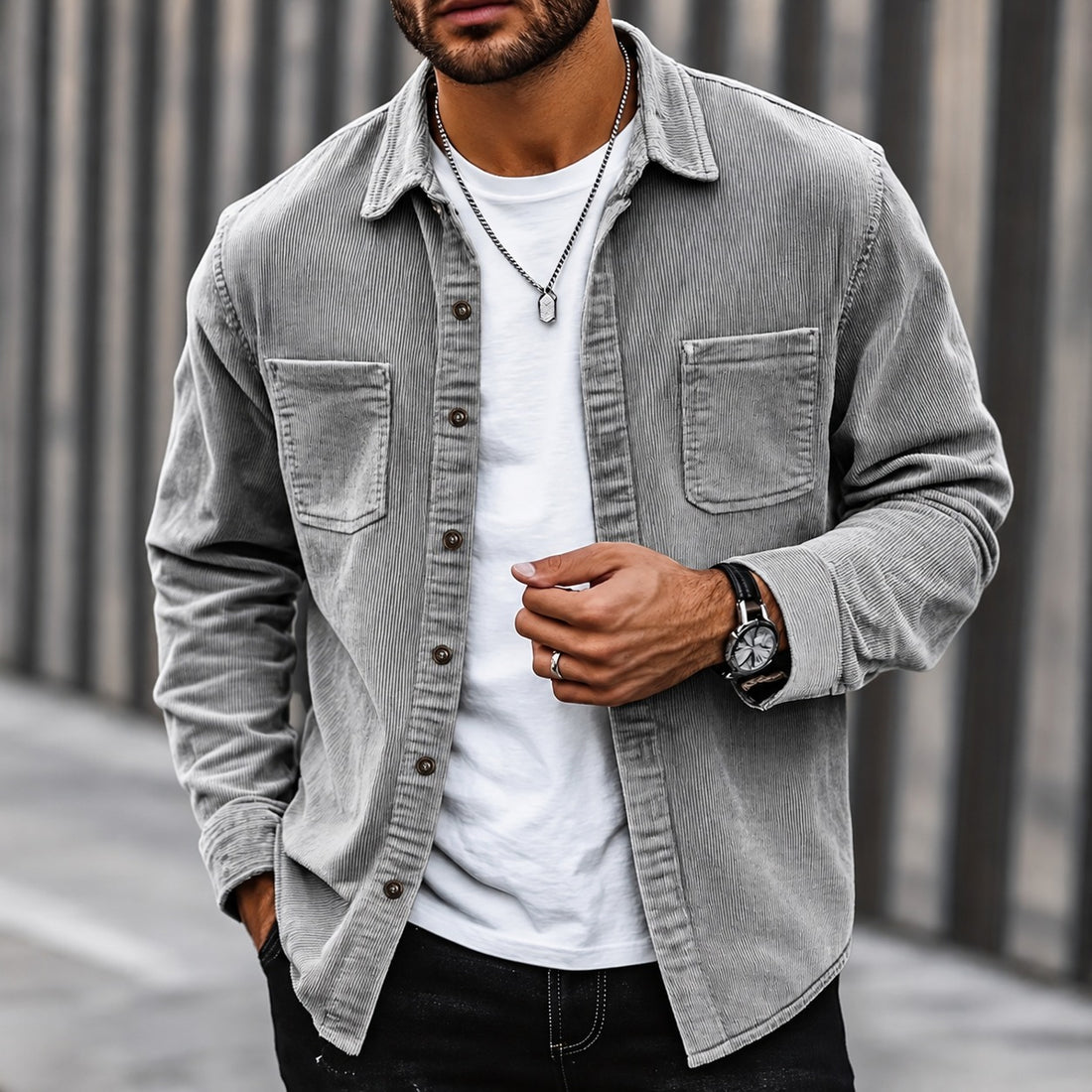 Herren Cordjacke Mit Knopfleiste, Klassischem Kragen und Zwei Brusttaschen
