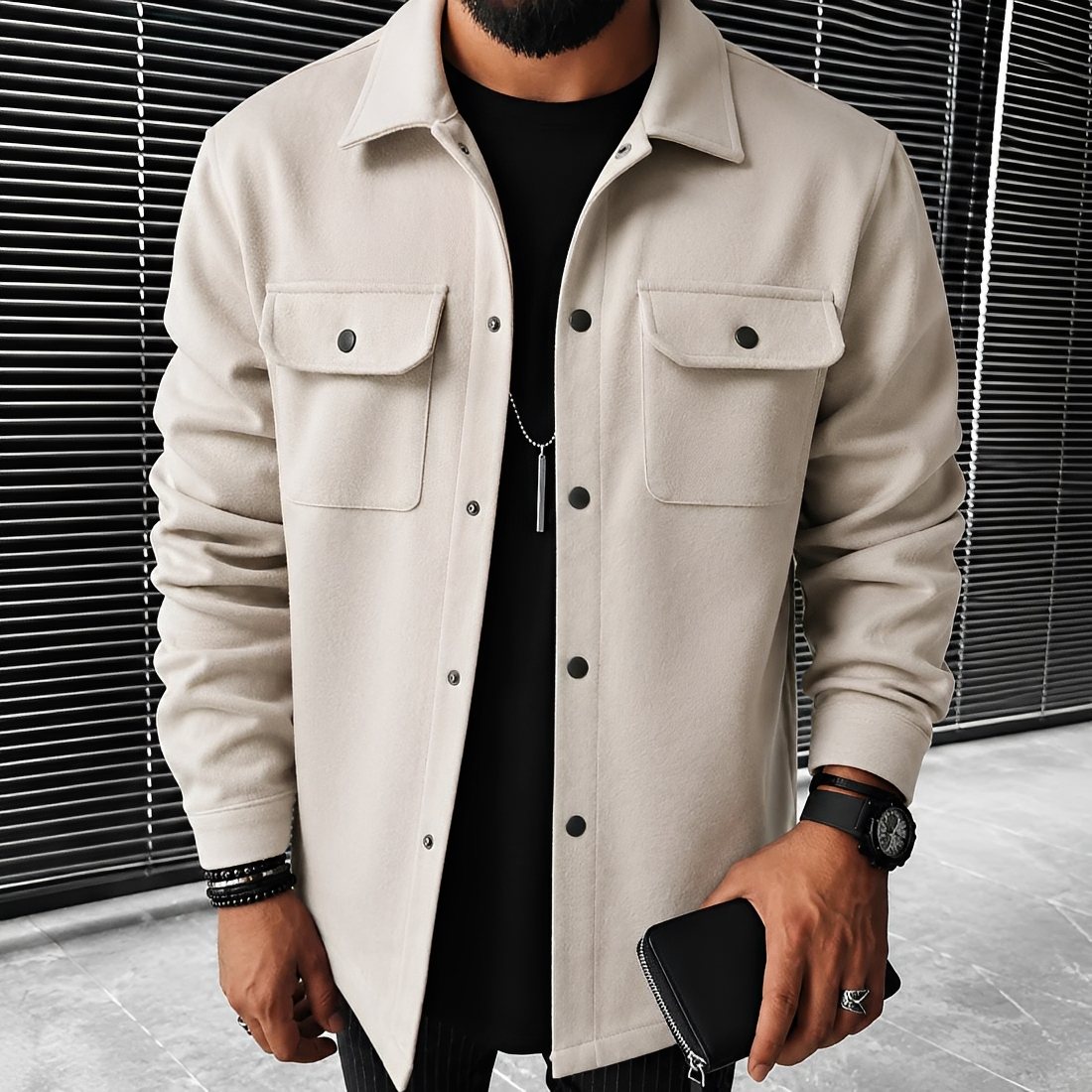Herren Freizeitjacke Mit Knöpfen und Taschen Relaxed Fit