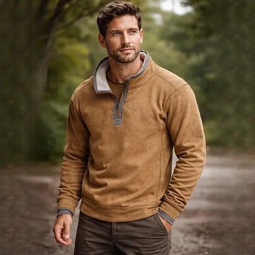 Herren Halb-Reißpullover mit Stehkragen und Kontrast-Patches an Ellenbogen, relaxed fit