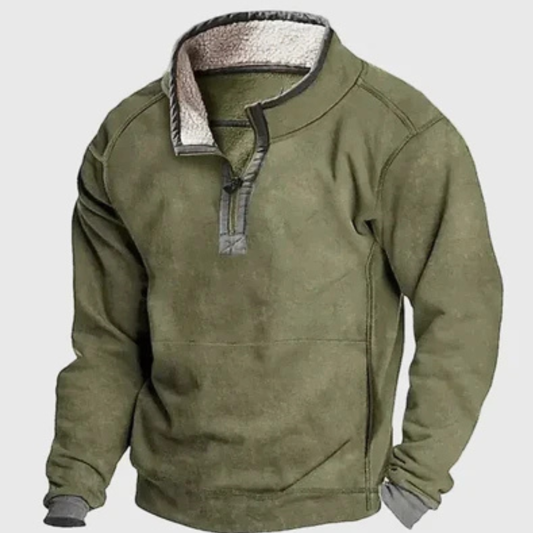 Herren Halb-Reißpullover mit Stehkragen und Kontrast-Patches an Ellenbogen, relaxed fit