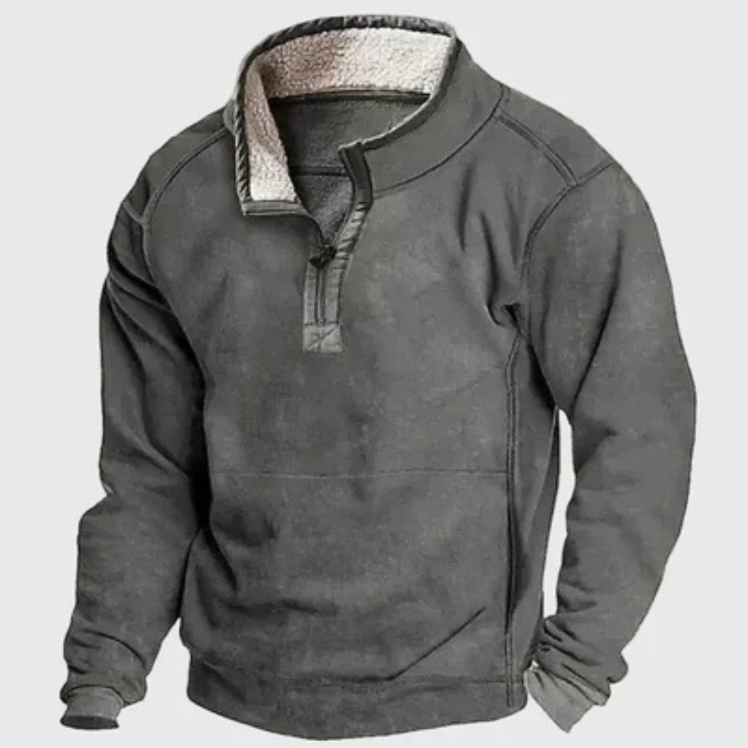 Herren Halb-Reißpullover mit Stehkragen und Kontrast-Patches an Ellenbogen, relaxed fit