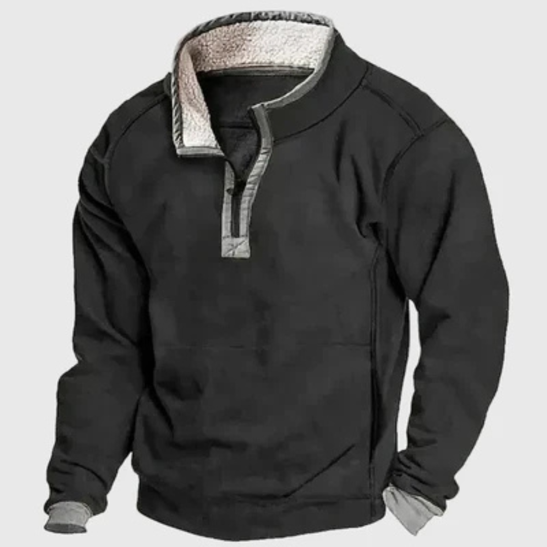 Herren Halb-Reißpullover mit Stehkragen und Kontrast-Patches an Ellenbogen, relaxed fit