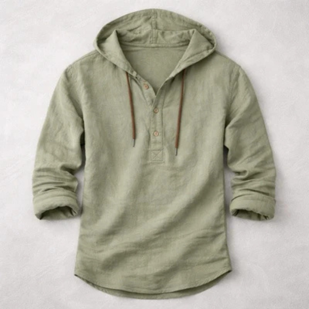 Herren Hoodie-Henley-Shirt mit Kapuze und Kordelzug - 3-Knopf Henley Ausschnitt, Langarm, Lockerer Schnitt