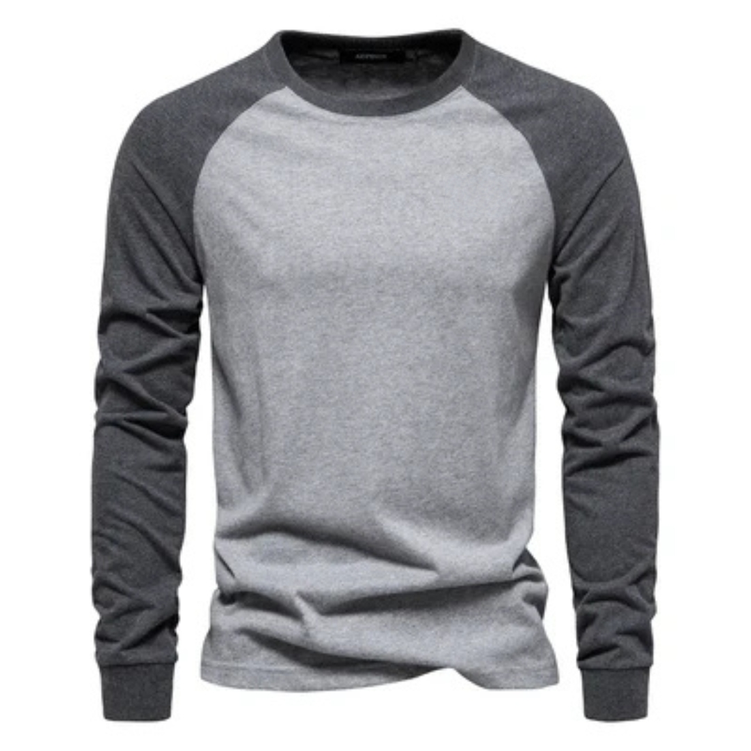 Herren Langarm-Raglanshirt mit Kontrastärmeln - Rundhals-Ausschnitt, schmale Passform, Brustlogo
