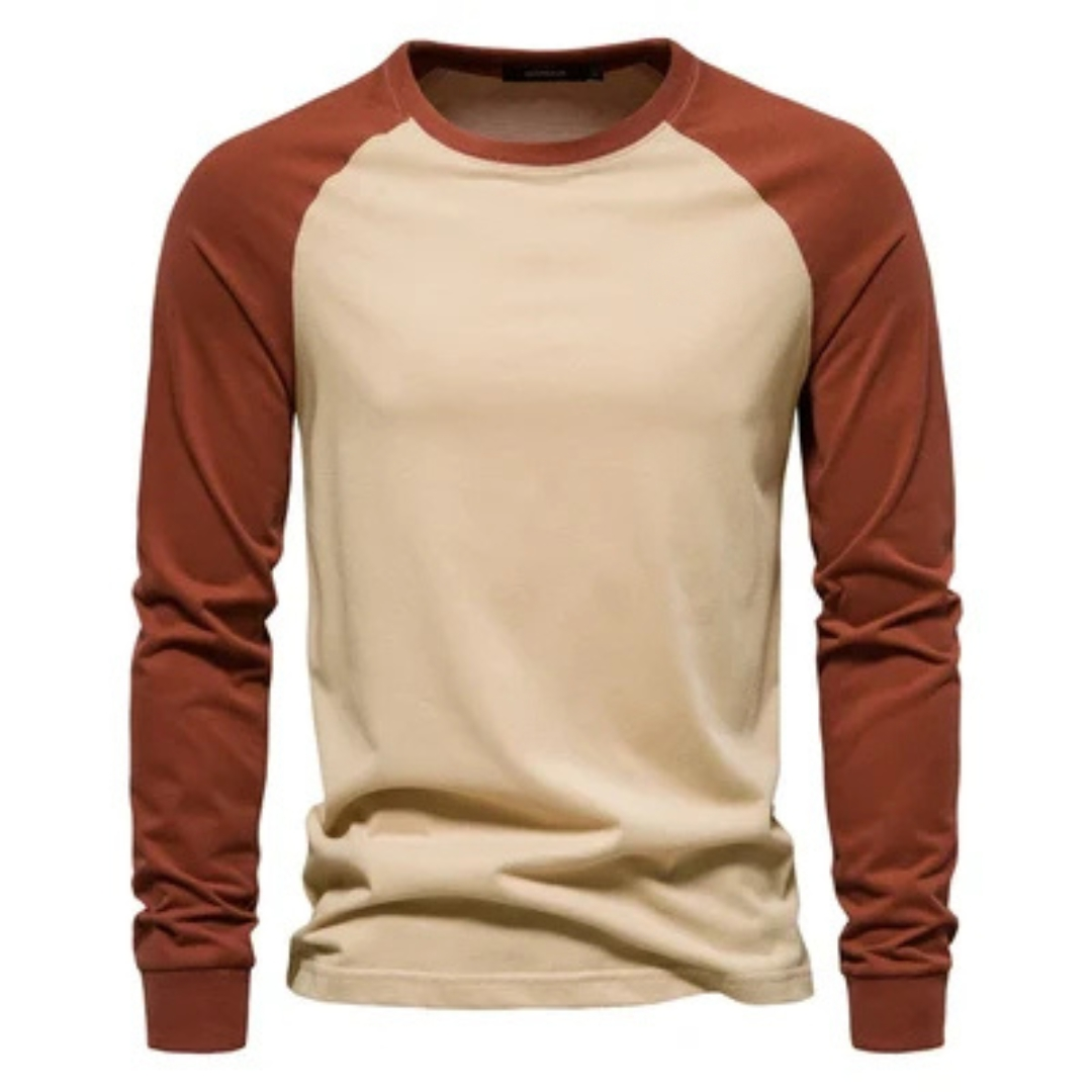 Herren Langarm-Raglanshirt mit Kontrastärmeln - Rundhals-Ausschnitt, schmale Passform, Brustlogo