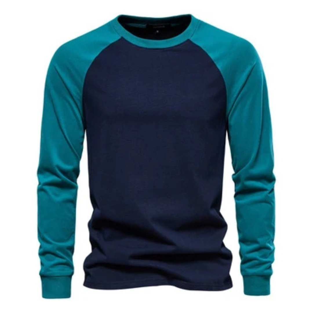 Herren Langarm-Raglanshirt mit Kontrastärmeln - Rundhals-Ausschnitt, schmale Passform, Brustlogo