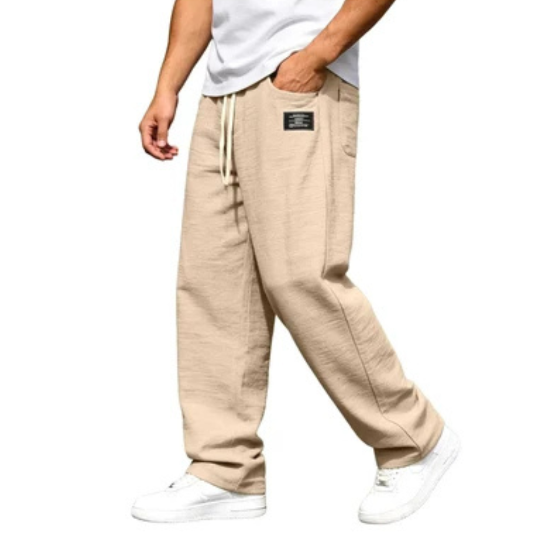 Herren Straight-Leg Pants – elastischer Bund mit Drawstring, seitliche Eingrifftaschen, elastische Taille, gerades Bein, Patch-Detail