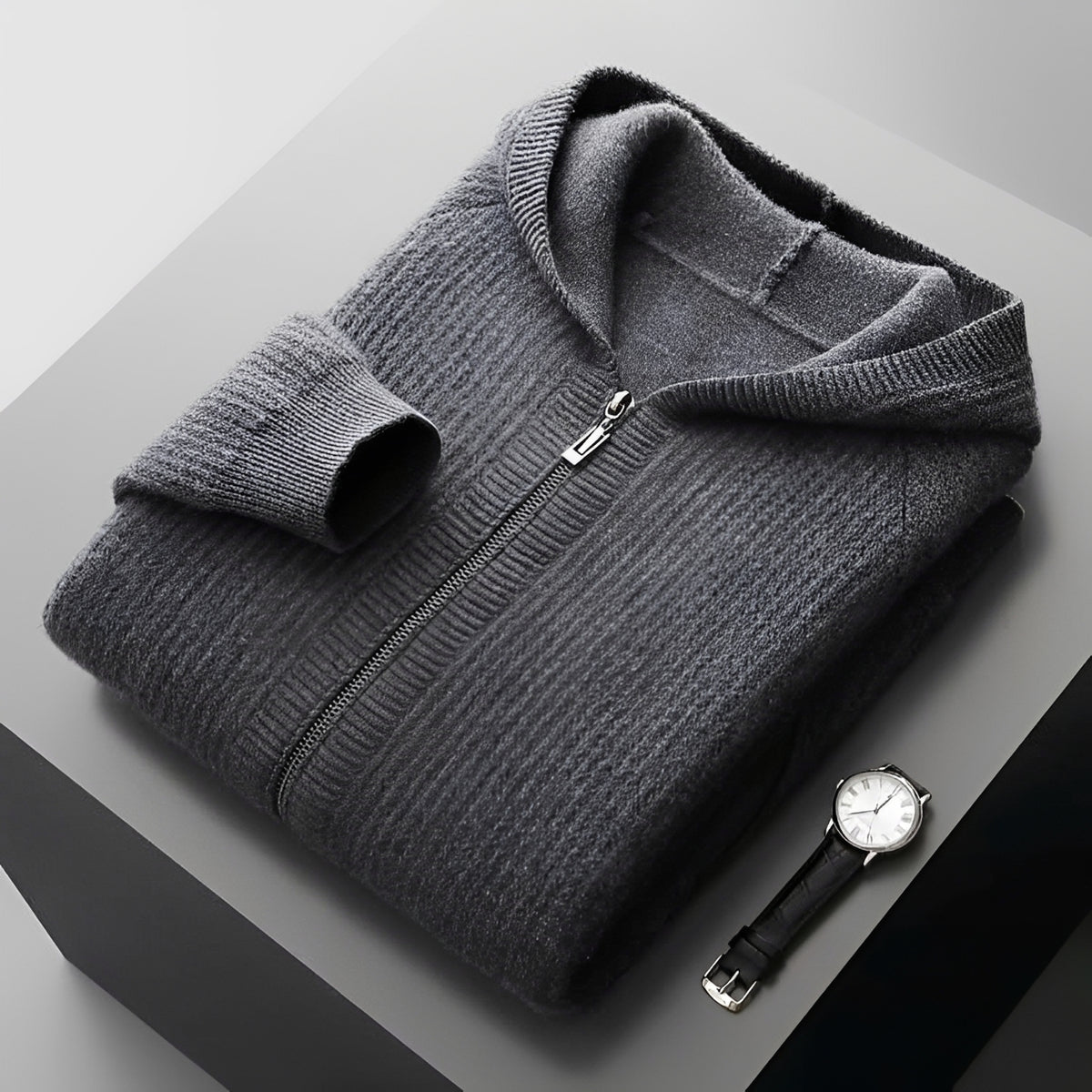 Herren Zip-Hoodie - Strukturmuster mit Kapuze und Taschen