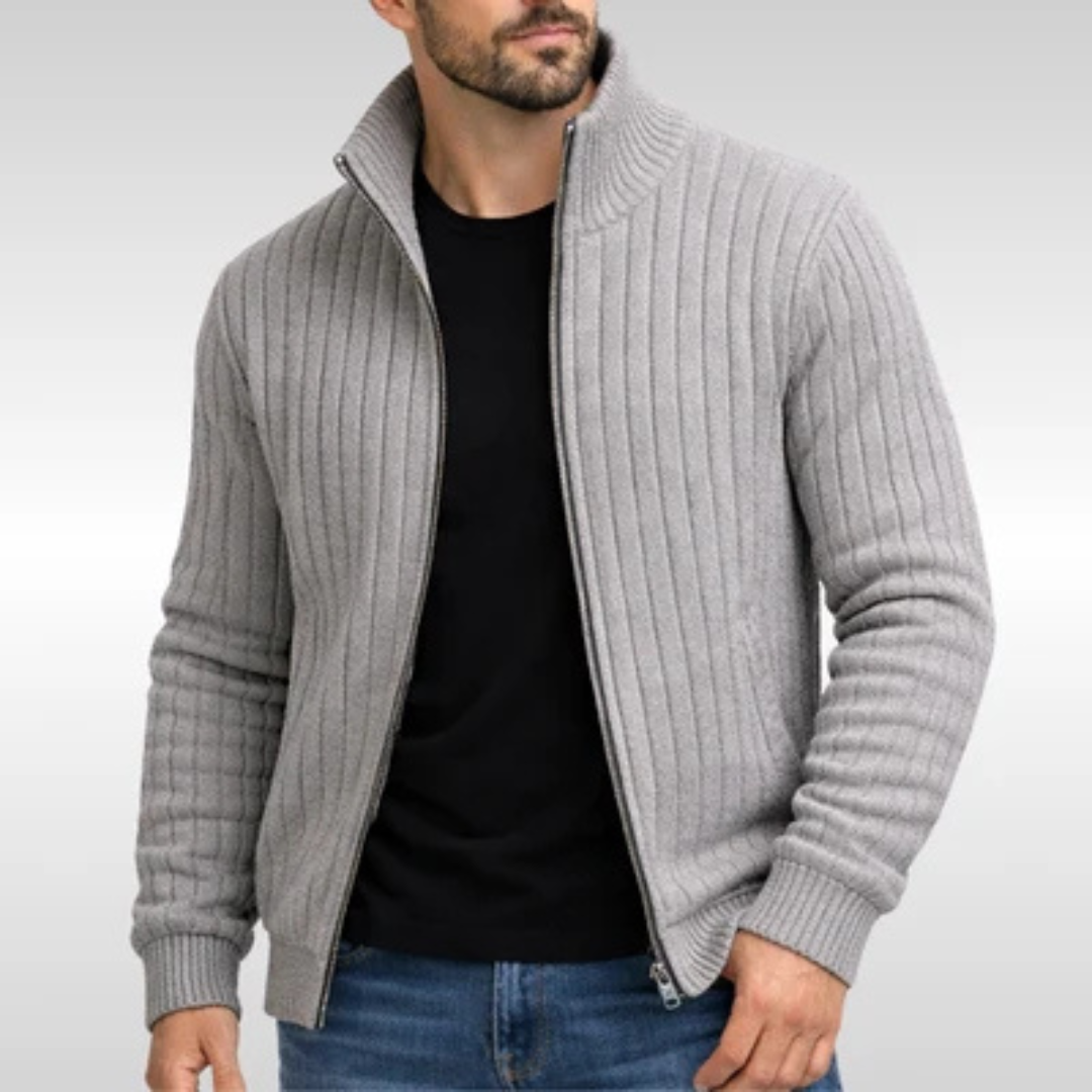 Herrenkardigan mit Vollreißverschluss und Stehkragen – Slim Fit, Rippenstruktur, mit Taschen