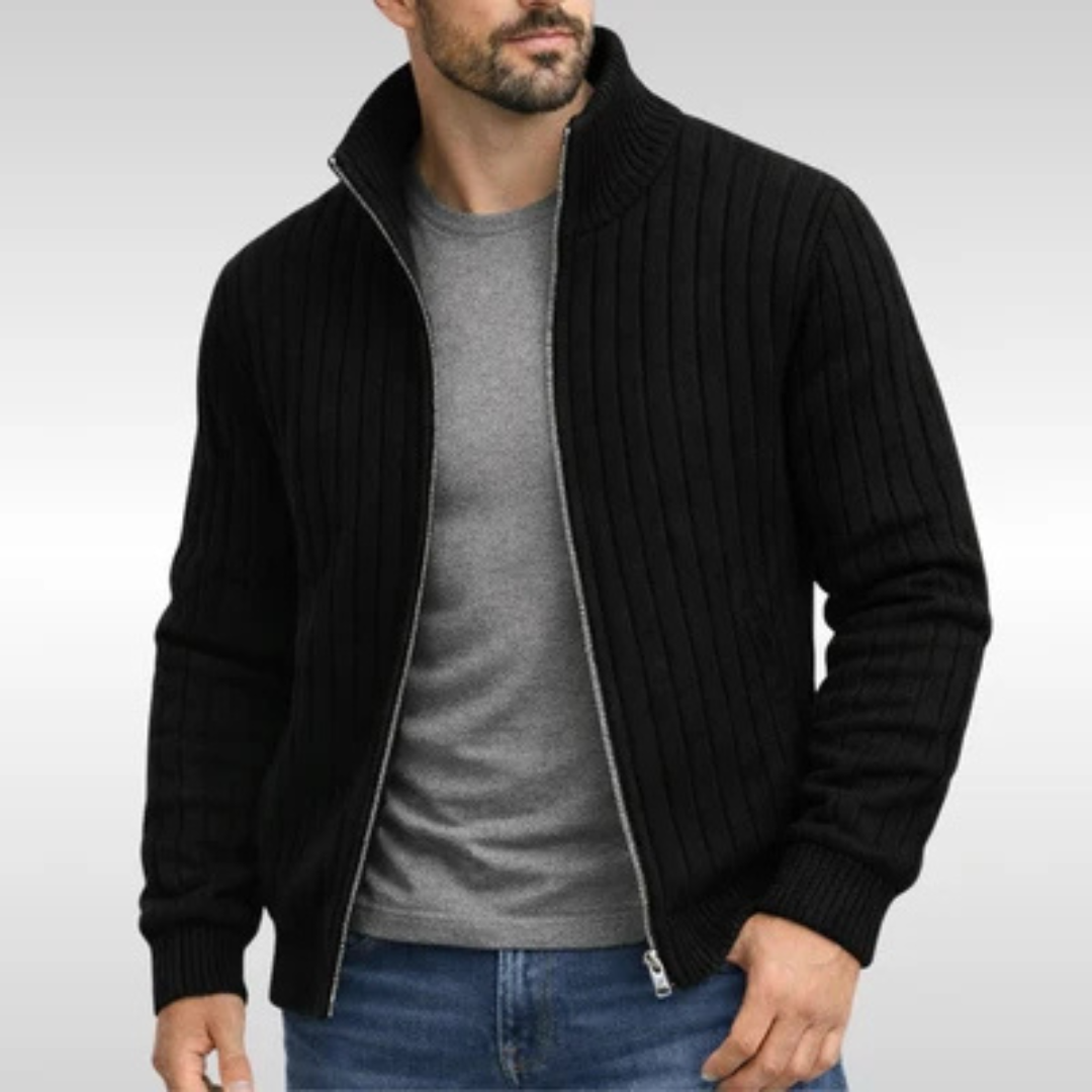 Herrenkardigan mit Vollreißverschluss und Stehkragen – Slim Fit, Rippenstruktur, mit Taschen