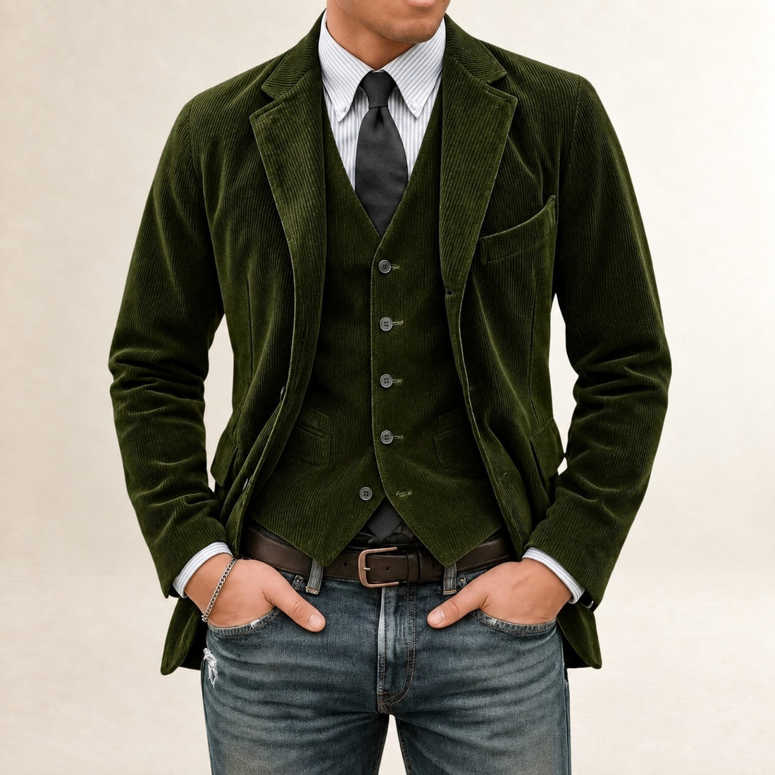 Herrensakko-Set - Blazer und Weste mit Knopfverschluss und schmalem Schnitt