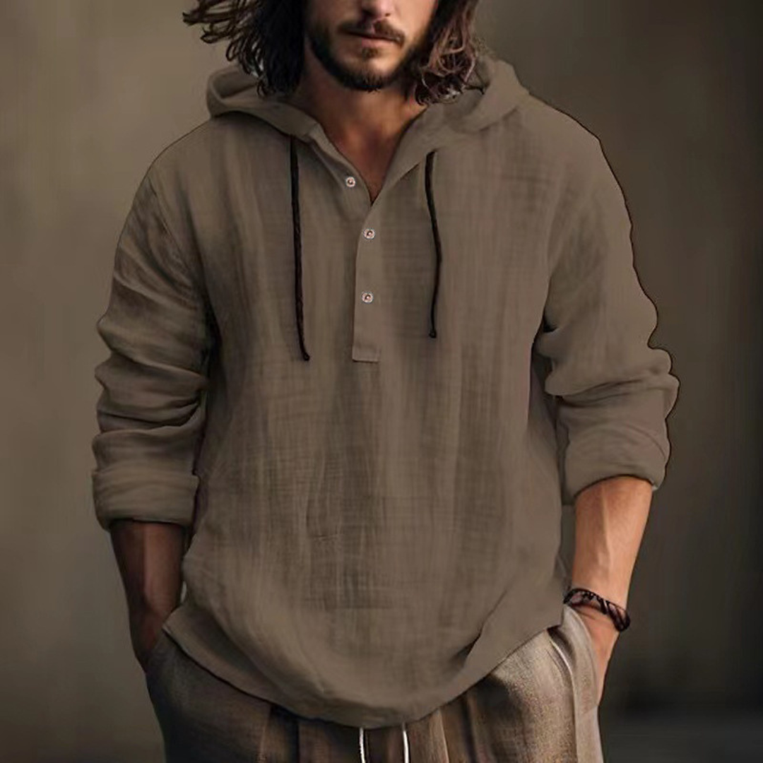 Hooded Henley Shirt für Herren – Kapuzenoberteil mit Zugband, Halblatz-Blende, lockerer Schnitt
