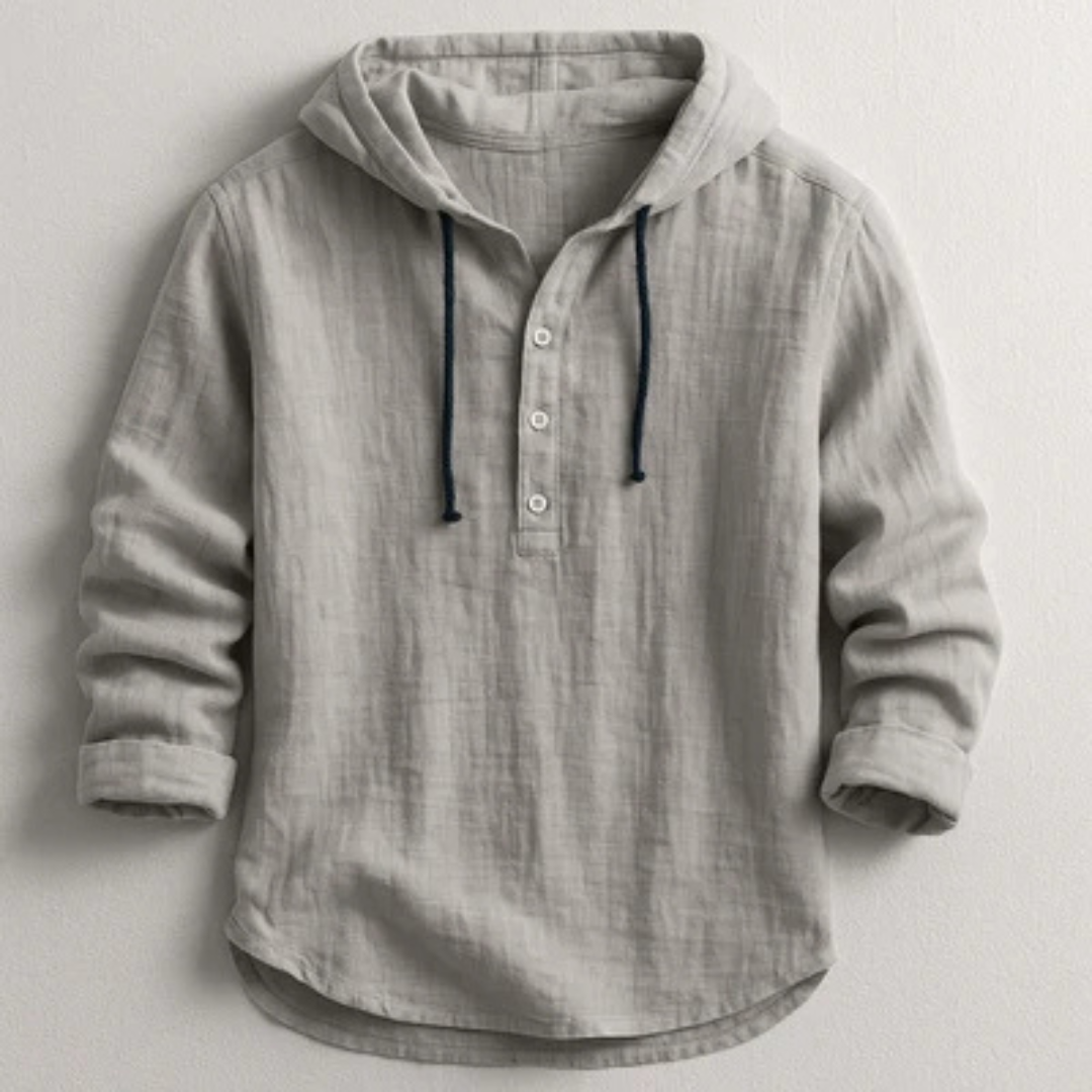 Hooded Henley Shirt für Herren – Kapuzenoberteil mit Zugband, Halblatz-Blende, lockerer Schnitt