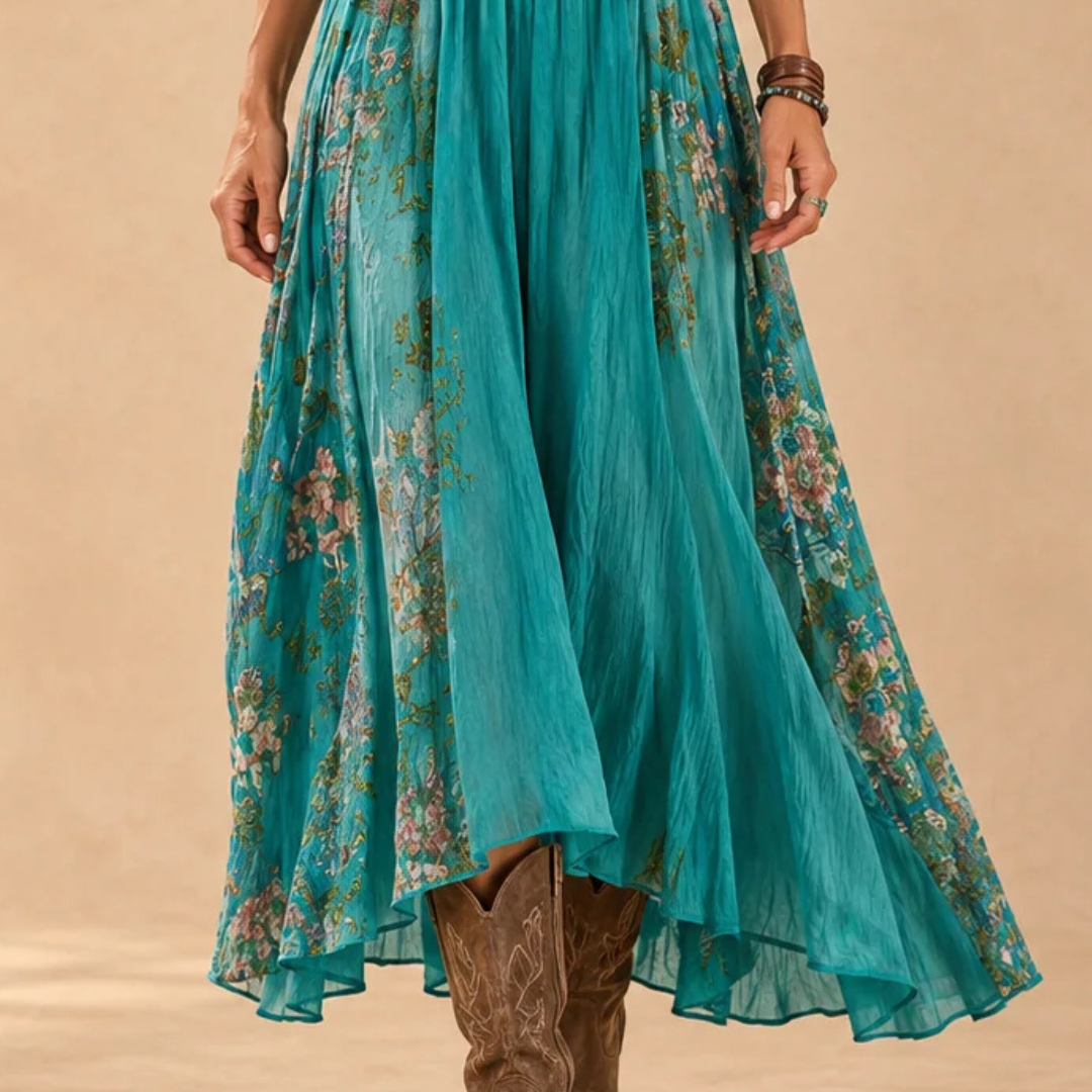 Kleid Damen Midi-V-Ausschnitt Langarm Boho Patchwork-Print Lockere Passform