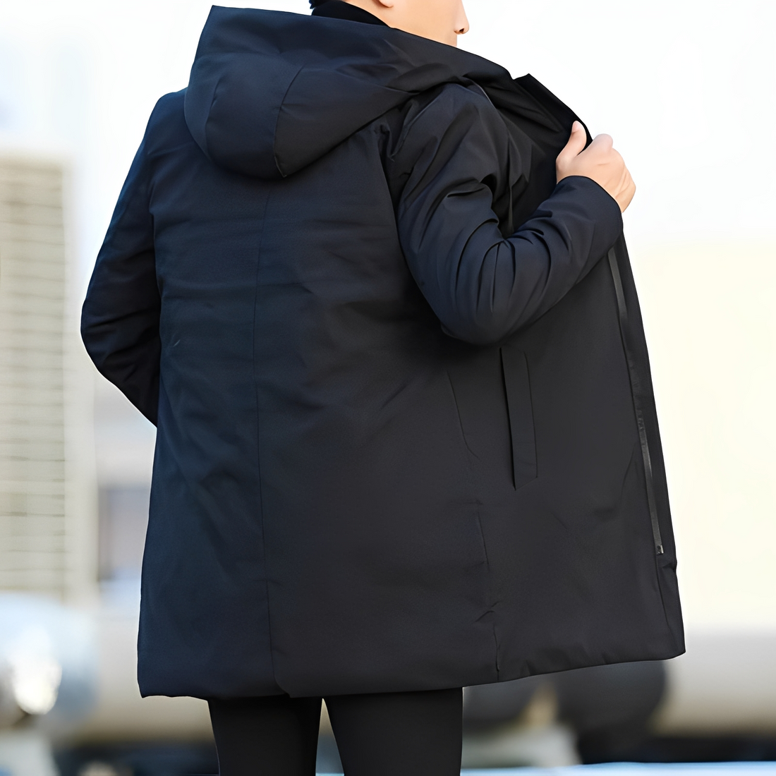 Mantel Herren mit Kapuze, mittellanger Mantel, Regularer Schnitt, Reißverschluss, Fronttaschen, innere Brusttasche, Diamant-Steppung im Innenfutter