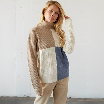 Pullover Damen Rollkragen Colorblock-Pullover, lockere Passform