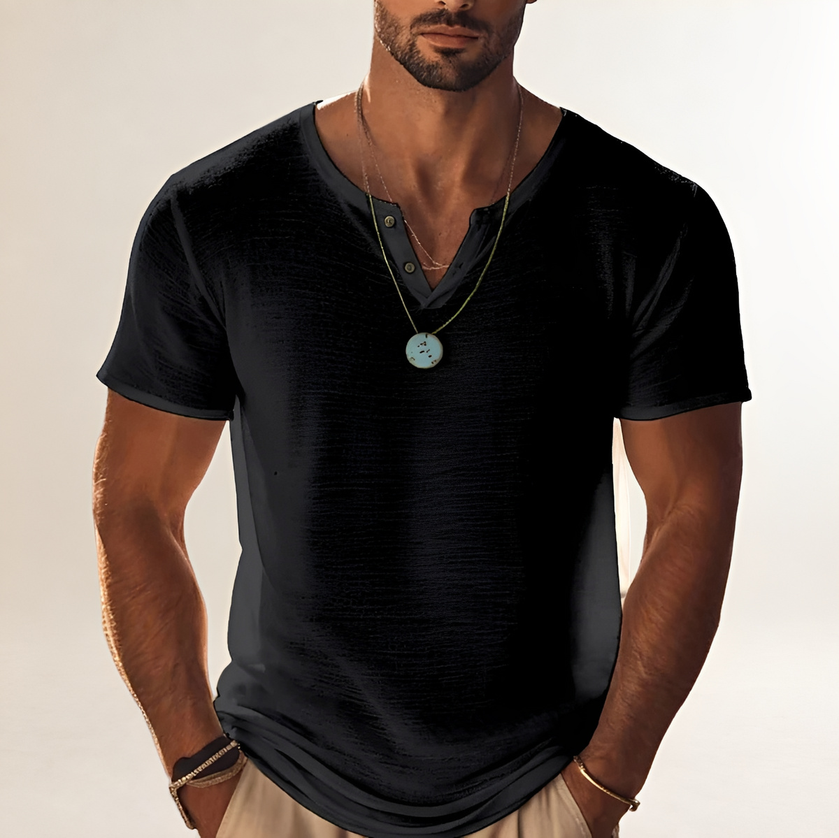 Shirt Herren Henley-Shirt Kurzarm mit Knopfleiste V-Ausschnitt - Texturierte Oberfläche, lockerer Schnitt