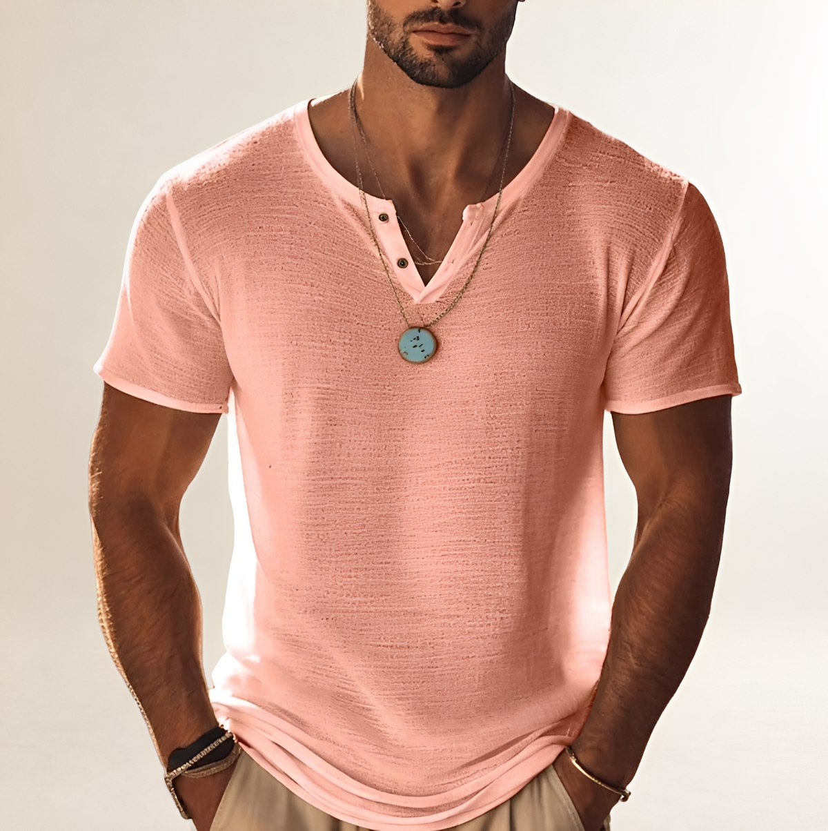 Shirt Herren Henley-Shirt Kurzarm mit Knopfleiste V-Ausschnitt - Texturierte Oberfläche, lockerer Schnitt