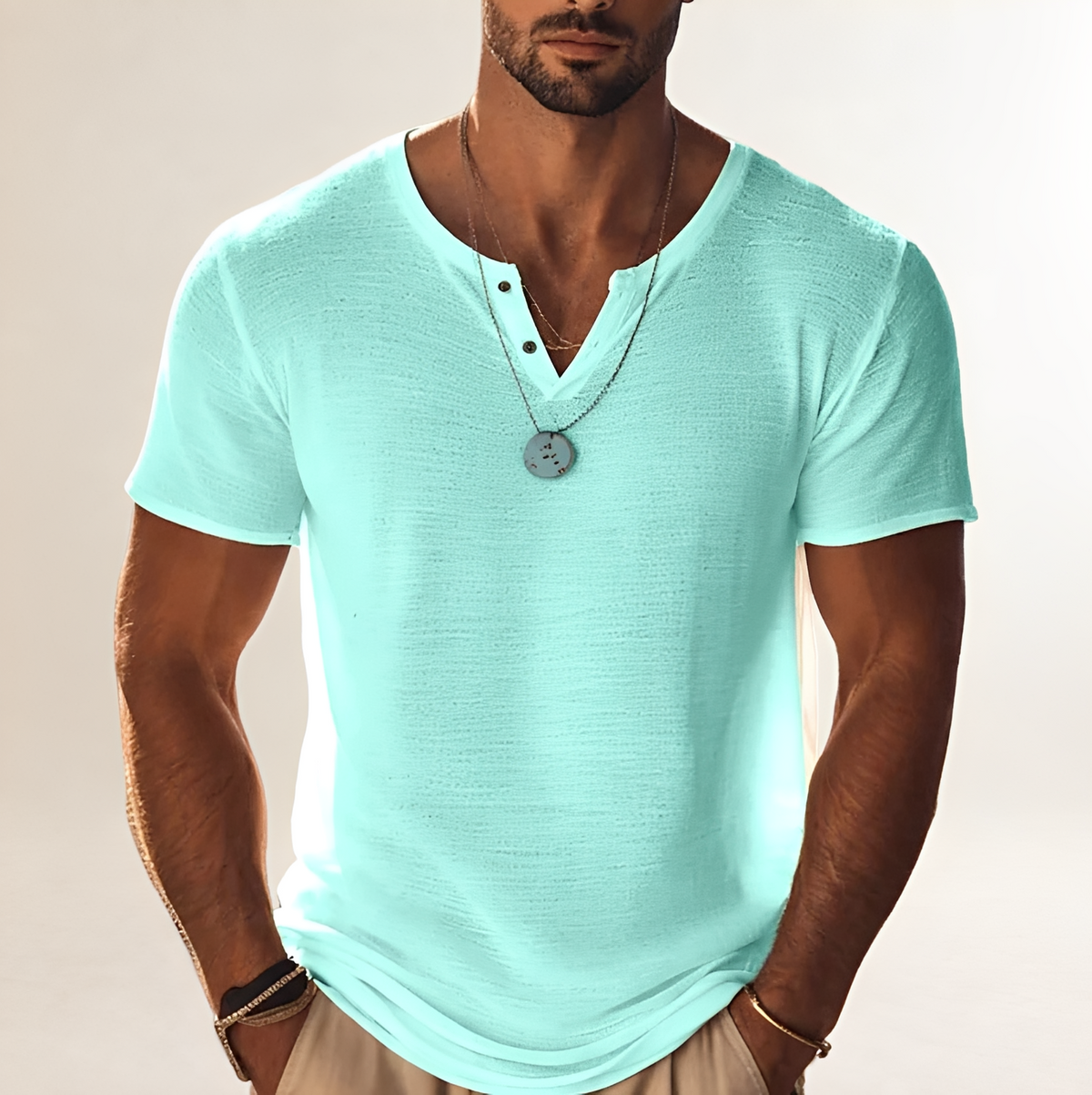 Shirt Herren Henley-Shirt Kurzarm mit Knopfleiste V-Ausschnitt - Texturierte Oberfläche, lockerer Schnitt
