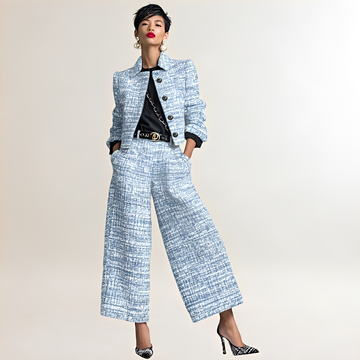 Zweiteiliges Damen-Set: knopffront-Kurzjacke und hoch taillierte Weitbein-Hose