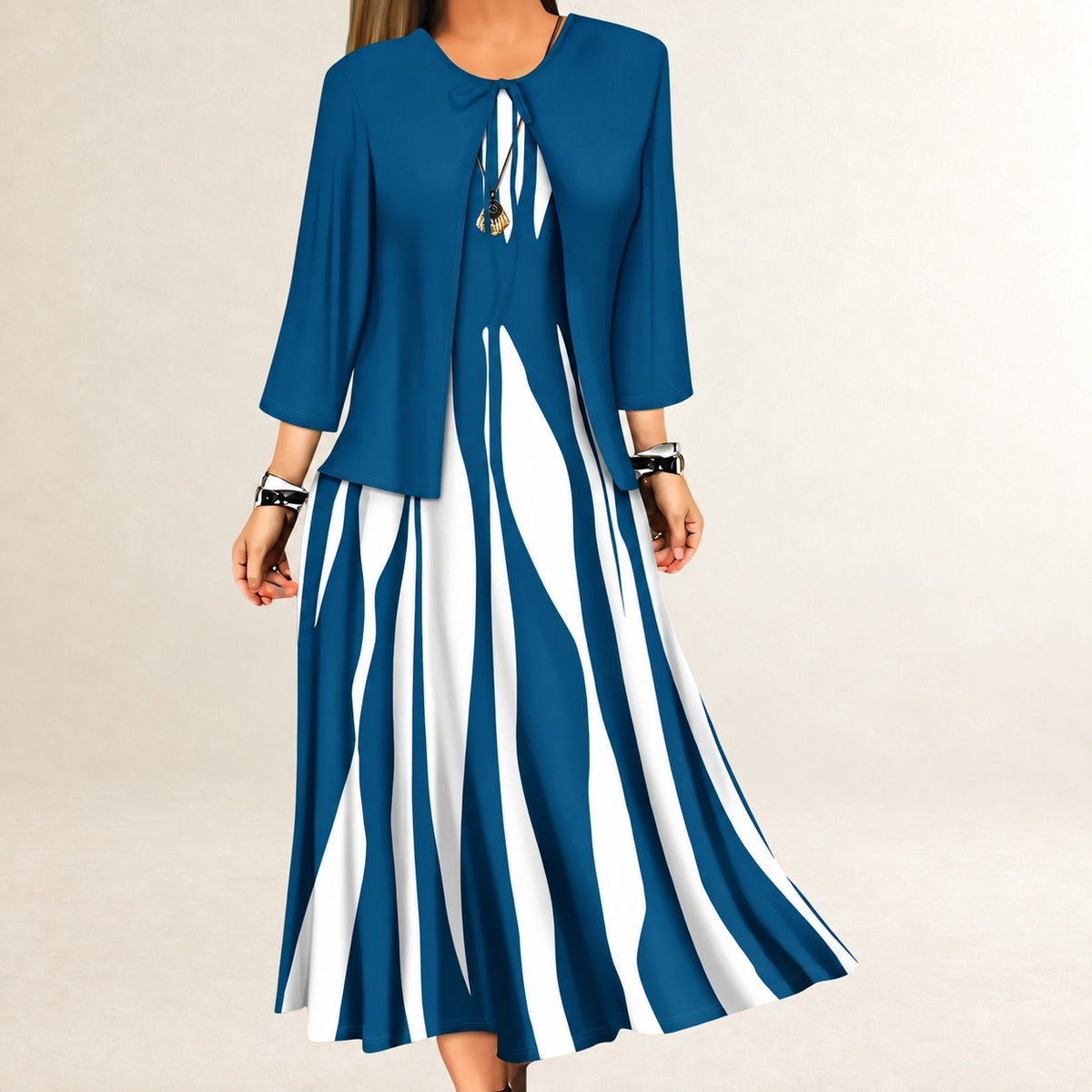 Zweiteiliges Kleiderset Damen – Ärmelloses A-Linien Maxi-Kleid, offene Jacke mit Drei-Viertel-Ärmeln, Wellen-Vertikalstreifen