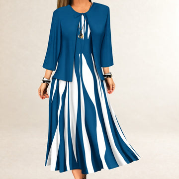 Zweiteiliges Kleiderset Damen – Ärmelloses A-Linien Maxi-Kleid, offene Jacke mit Drei-Viertel-Ärmeln, Wellen-Vertikalstreifen