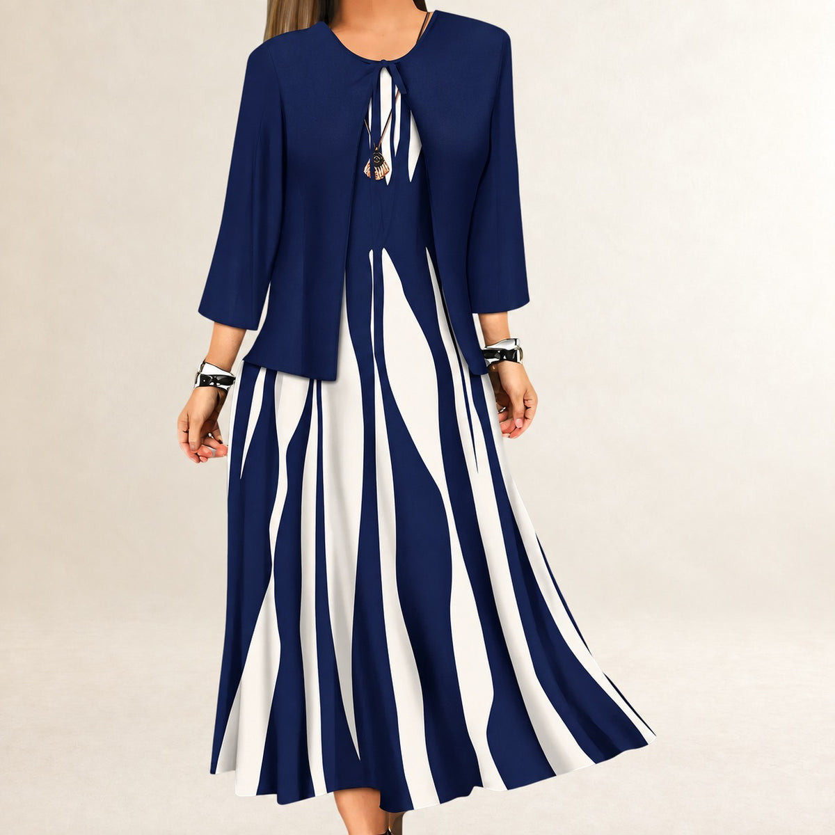 Zweiteiliges Kleiderset Damen – Ärmelloses A-Linien Maxi-Kleid, offene Jacke mit Drei-Viertel-Ärmeln, Wellen-Vertikalstreifen