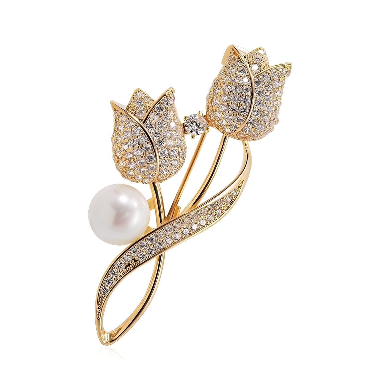 Jackie – Brosche mit goldenem Tulpenmotiv, Zirkonia und Perle, Gold