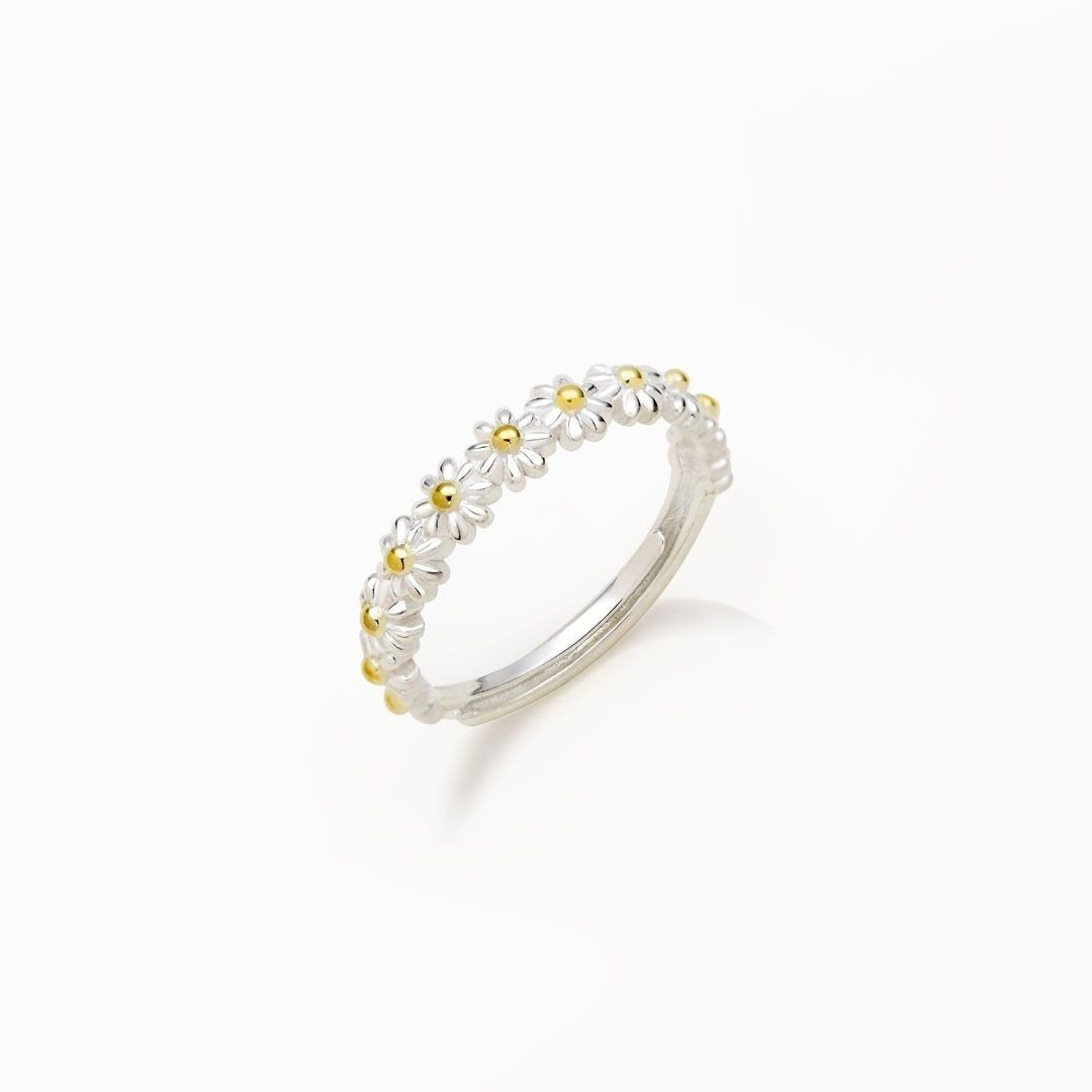 Dahliana – Verstellbarer Ring mit Margerite aus Silber und handbemaltem Emaille